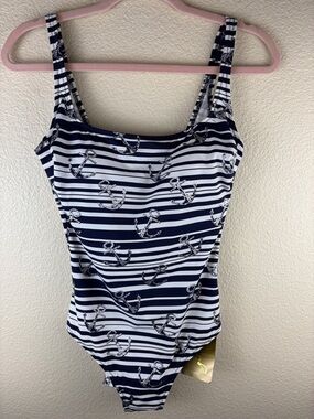 Gottex New Navy White Striped One Piece Distressed Anchors Cruises Resort Sz 12